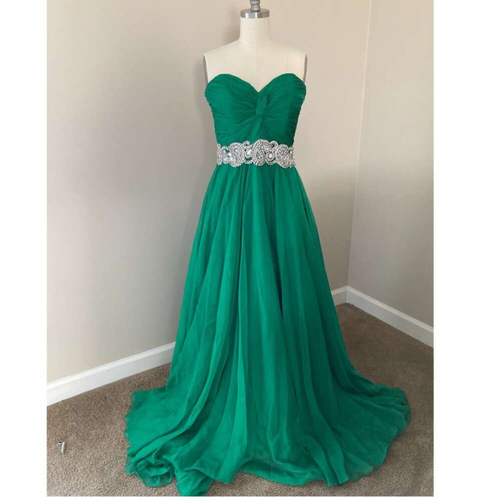 Jovani - Green Strapless Chiffon Gown with Silver Beaded Belt